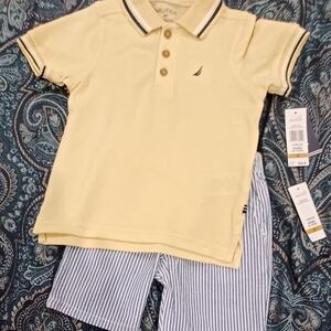 Nautica Boys Pale Yellow Polo wito[h Contrast Trim and Matching Stripped⁰ Short